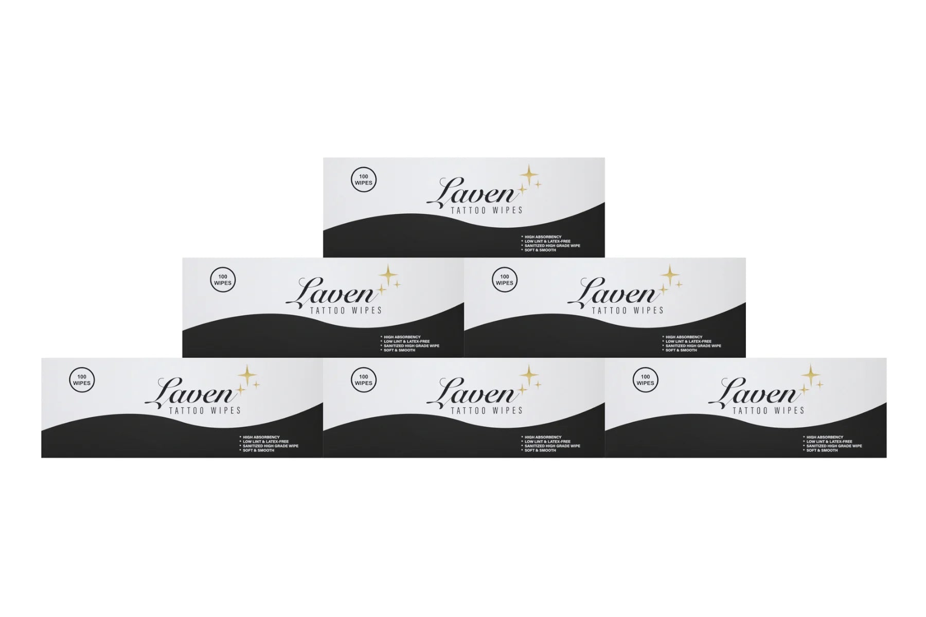 Six Laven Tattoo Wipes boxes arranged in a product display